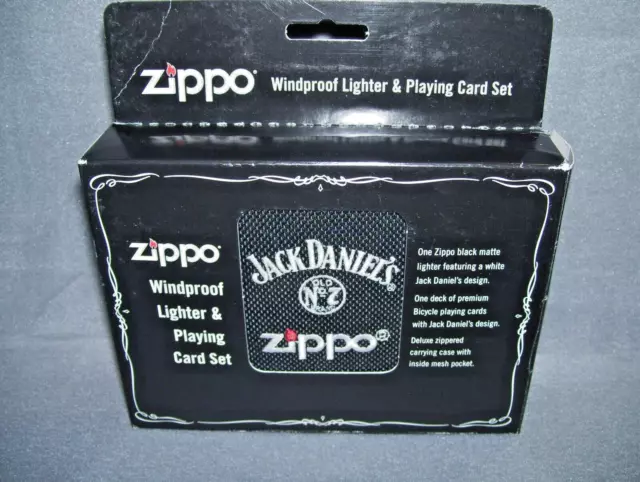 Unfired Sealed Jack Daniels Zippo Lighter with  Bicycle Playing Card Set & Case