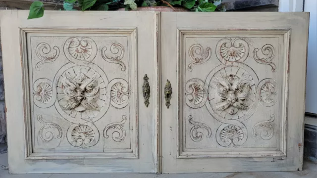 Pr Antique Salvaged Cabinet Doors French Victorian Carved Lions & Brass Hardware