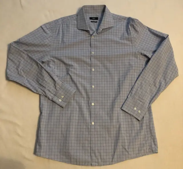 Hugo Boss Mens Dress Shirt Size 17x36/37 Blue Check Sharp Fit Long Sleeve
