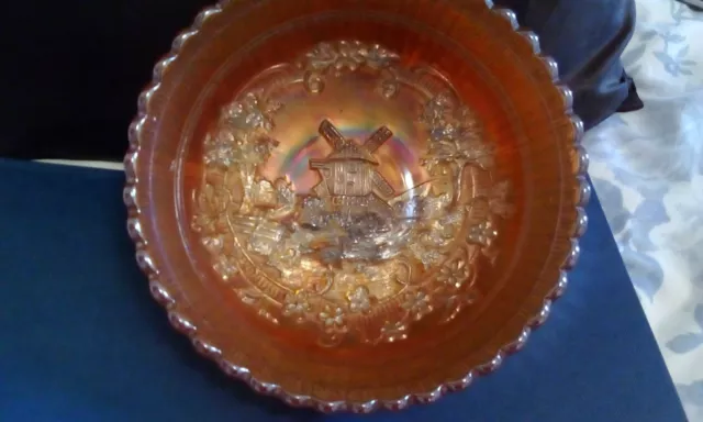 Carnival Marigold Iridescent Glass Dish  Wavy Edge - Windmill Scene