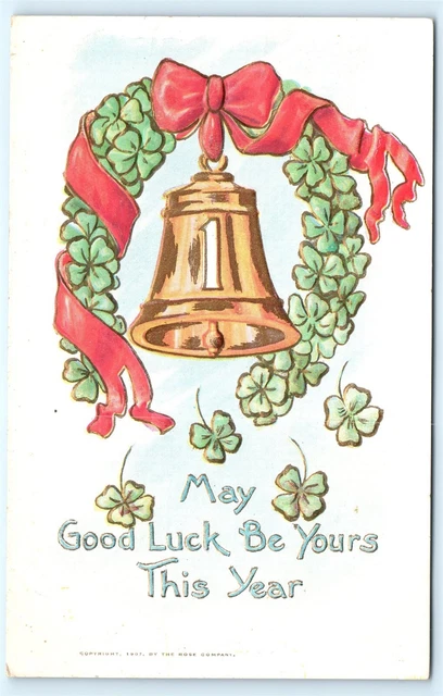 Postcard New Year May Good Luck Be Yours Bell Four Leaf Clover Embossed A03