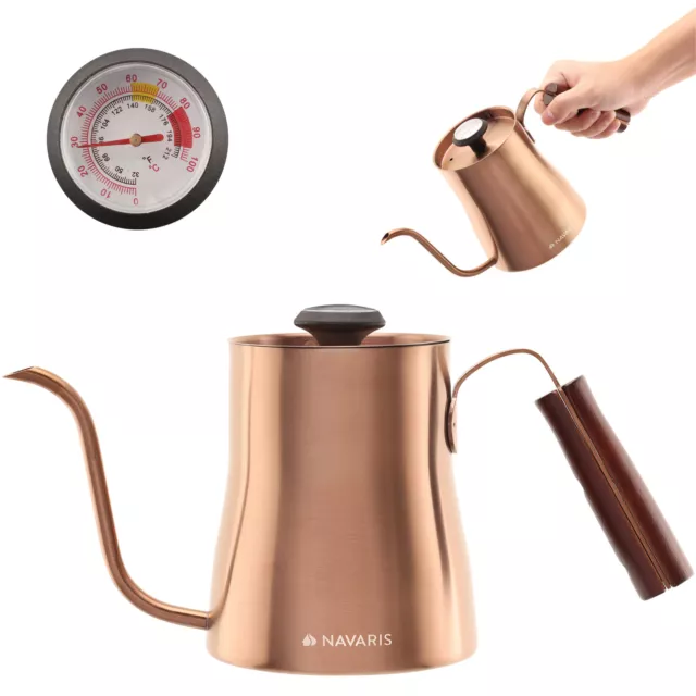 Bouilloire avec thermomètre 1 L en inox avec bec col de cygne et poignée en bois