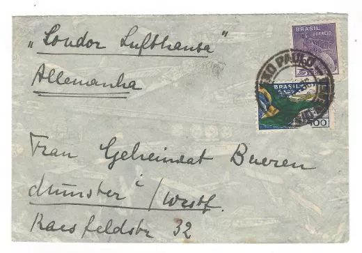 Flugpost Brasilien Europa 1936 Brief Condor Lufthansa nach Münster 1 Marke besch