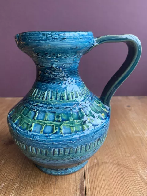 Italian Bitossi? Aldo Londi Rimini Impressed Blue Handled Vase Jug 1960s 14.5cm