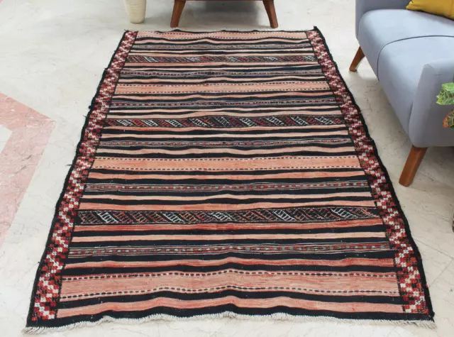 4x8 Traditional Vintage Striped Carpet Handmade Wool Oriental Kilim Area Rug