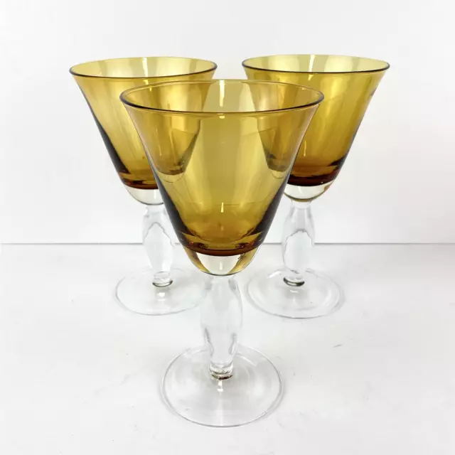 Hand Blown Amber Heavy Water Wine Goblets Glasses Set of 3
