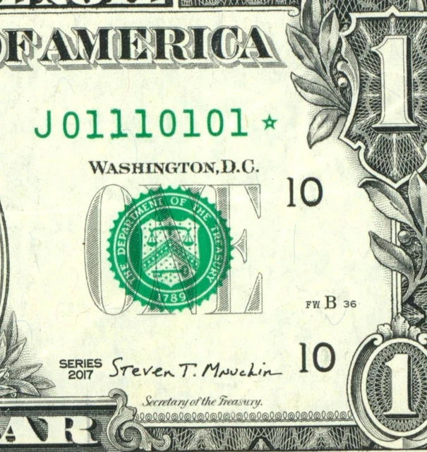 **Star** ((True Binary)) $1 2017 - 01110101 - Fancy Binary Serial Number