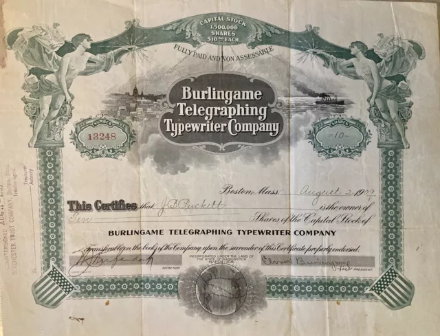 Burlingame Telegraphing Typewriter Company Boston Stock Certificate SIGNED 1909