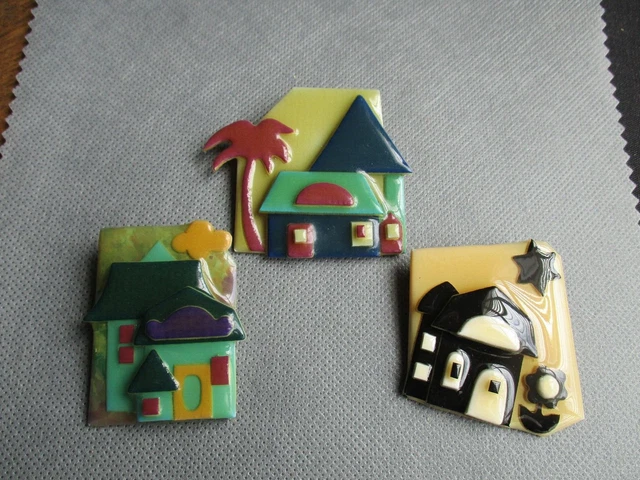 3 House Pins by Lucinda, Acrylic, Multicolor, Various Shapes & Sizes, signed