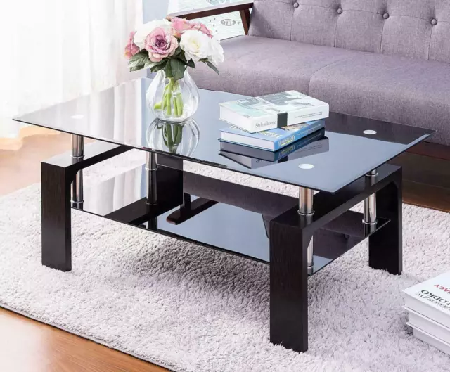 Glass Coffee Table With Storage Rectangle Living Room Wooden Legs Furniture