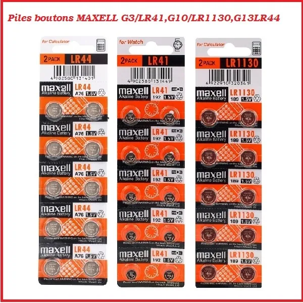 Piles boutons alcaline 1.5V G3/LR41,G10/LR1130,G13/LR44 de marque MAXELL