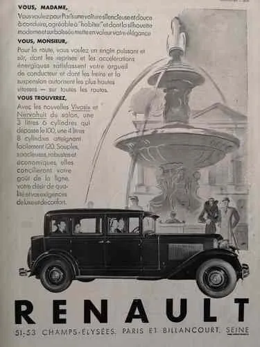 Automobile RENAULT Vivasix et Nervahuit 1930 / Publicité Advertising /795