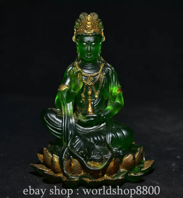 5"Old Chinese Green Coloured Glaze Gilt Dynasty Kwan-yin Guanyin Goddess Statue