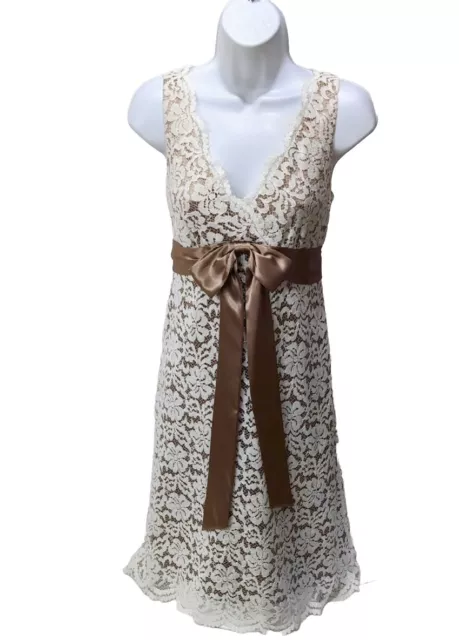 Eliza J New York Lace Overly Sheath Dress With Bow Womens 4 Sleeveless Beige Tan