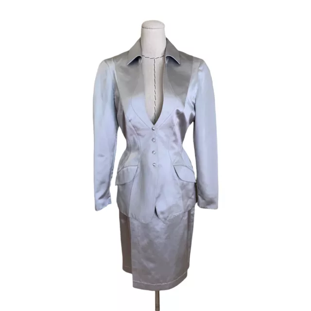 Rare Vintage Thierry Mugler Silver Sculptural Skirt Suit sz 42 Jacket Skirt