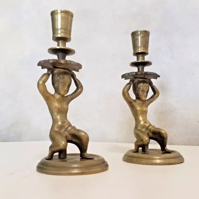 Pair Brass Figural Candle Sticks India Human Figure Temple Candle Holder