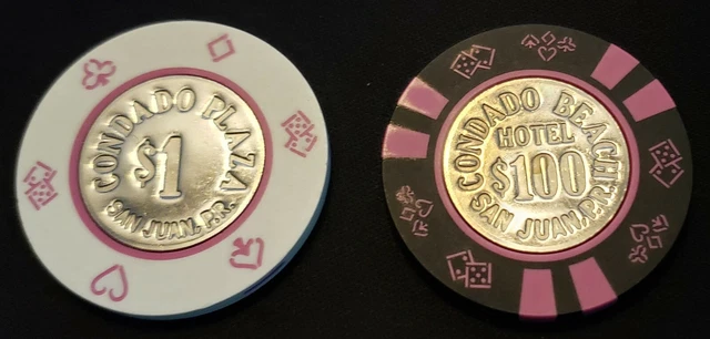 Condado Beach / Plaza San Juan, PR Gambling Chips $1 & $100 Lot of 2