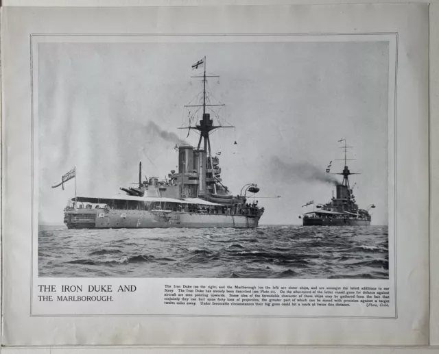 1915 Ww1 Print & Text Iron Duke & The Marlborough Ships Navy Big Guns