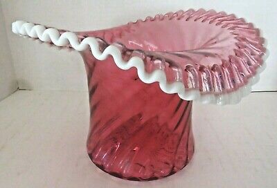 Fenton Top Hat Art Glass Ruby Snowcrest 10" Cranberry Swirl Vase- VTG -1950s