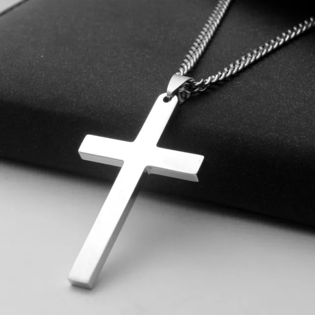 Stainless Steel Plain Silver Jesus Cross Crucifix Pendant Necklace Mens & Womens