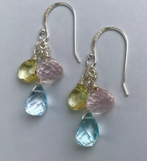 New Sundance Charm Sterling Silver Natural Aquamarine Lemon Pink Quartz Earrings