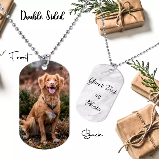 Personalised Necklace Photo any Text  ID Army Military Dog Tag Double Sided