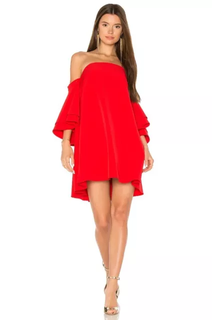 $435 Milly Tomato Red Crepe Off Shoulder Mila Ruffle Dress 8 NEW M549