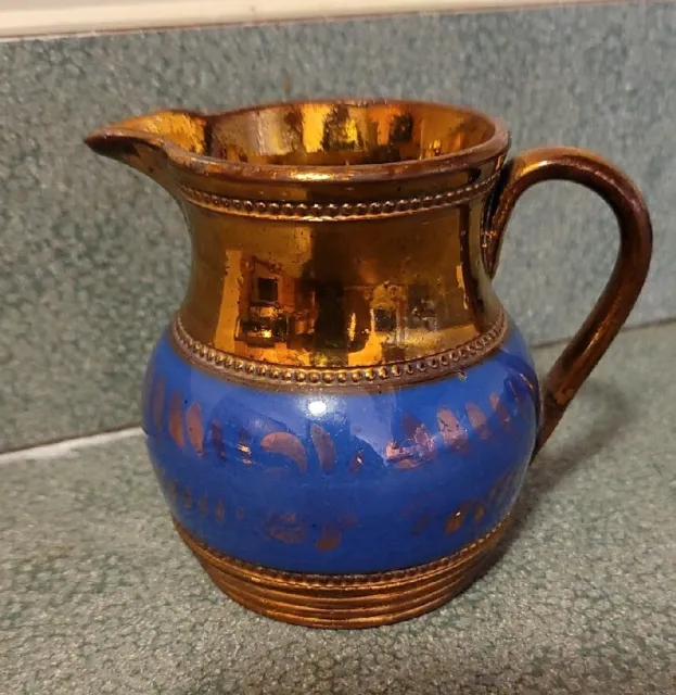 Lusterware Copper Blue Pitcher Jug Creamer Antique 19th Century Staffordshire