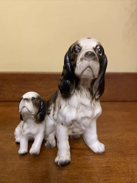 Vtg Cocker Springer English Spaniel Dog & Puppy Porcelain Figurine Japan, 5”
