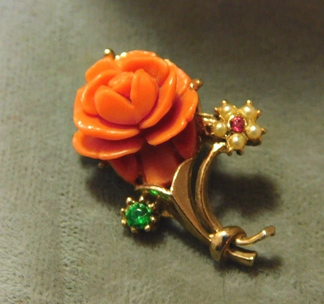 Broche Vintage Fine En Or Avec Fleurs Et Corail Véritable - Modèle Doré - Réf. 4309 - Occasion