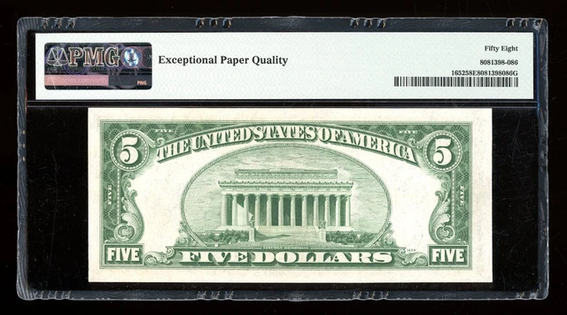 DBR 1934-B $5 Silver Fr. 1652 Vinson LA Block PMG 58 EPQ Serial L66881757A 2