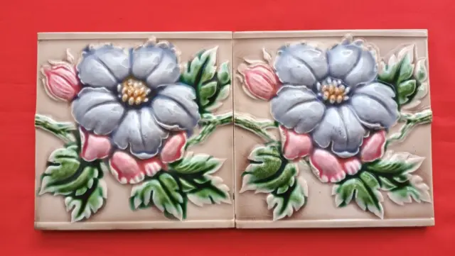 2 Pieces Old Art Flower Design Embossed Majolica Ceramic Tiles Japan 0244