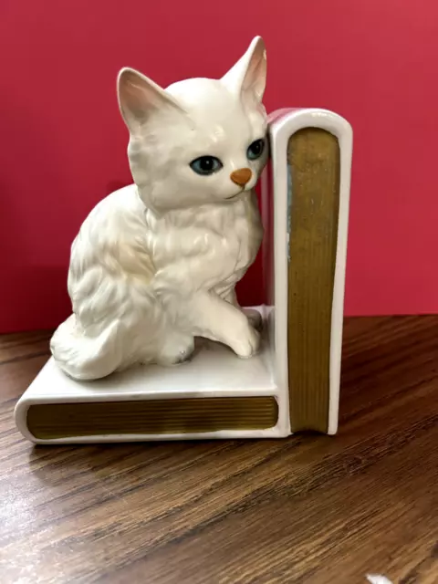 VTG 1960s Cat Bookends White Persian Fluffy Kitty Lefton Japan Ceramic Book Ends