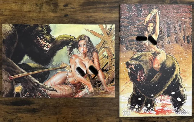 Cavewoman: Feeding Grounds #1 &2 Budd Root Risqué Virgin Variant Covers. 2011.