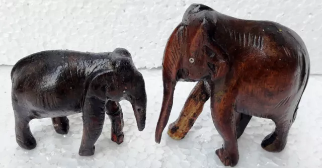 Wooden Elephant Pair Old Hand carved Figure Statue Home Decorative Indian Art