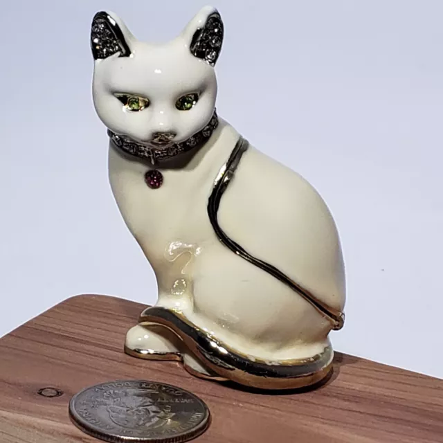 Cream Ivory White Enamel Bejeweled Hinged Cat Trinket Box Gold Trim 3"