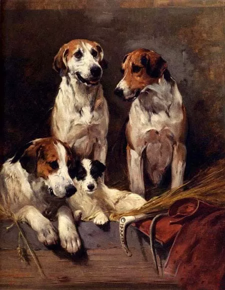 Art Hand painted art Oil painting lovely dogs Three Hounds With A Terrier