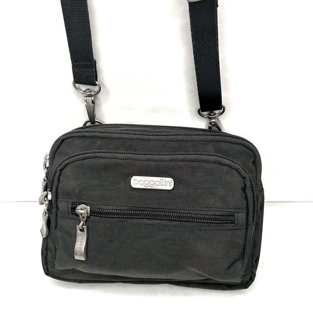 Baggallini Mini Crossbody 5-Zip Belt Loop Bag Dk Gray adj strap Nylon 8w x6h x2d