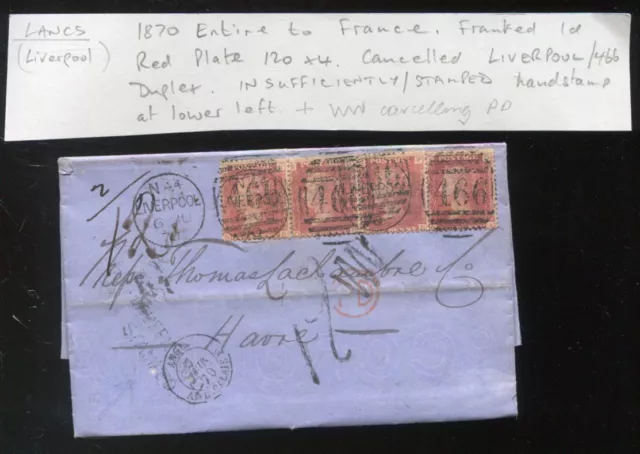 GB QV 1870 1d Plate 20 x4 Insufficiently Stamped COVER to France