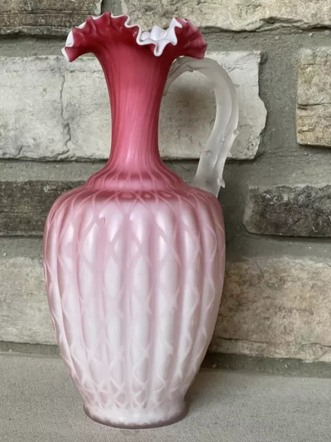 11.25” Tall Mt Washington Satin Pink MOP Diamond Quilted Pitcher Vase w/Handle