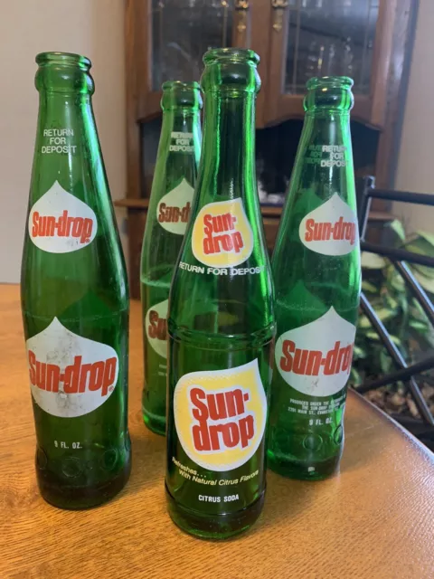 Vintage Sun Drop Beverages Soda Bottle Green Glass 9 oz Set Of Four