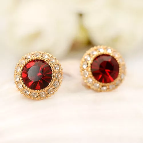 Antique 925 Sterling Silver Red Crystal 10mm Stud Earrings Vintage Look Jewelry 3