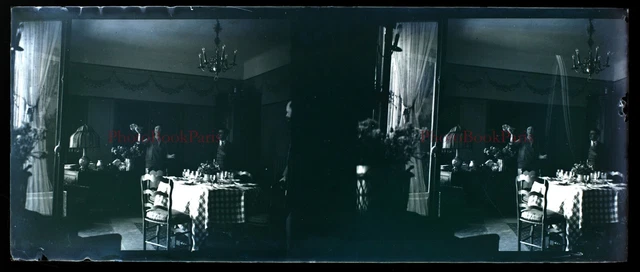 FRANCE Famille Intérieur c1910 Photo NEGATIVE Stereo Plaque PL28L5n19 Vintage