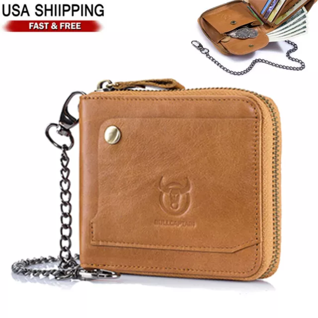 Mens Genuine Leather Cowhide Biker Trucker Chain Wallet Credit ID Card Holder