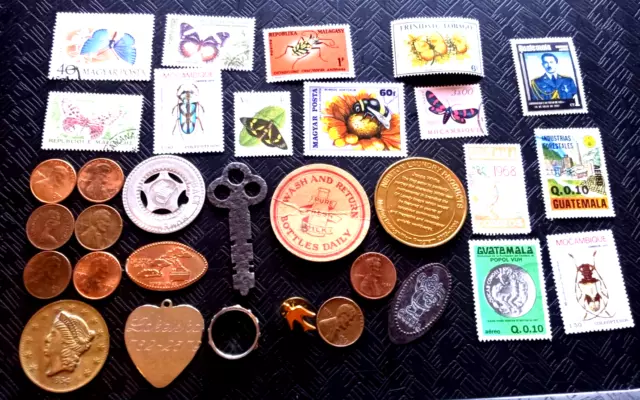 JUNK DRAWER LOT COINS TOKENS STAMPS collectibles