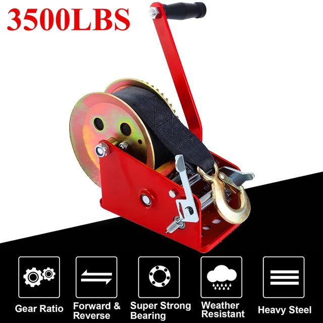 3500lbs Hand Winch 2 Gear Hand Crank Manual Boat ATV RV Trailer 33ft Cable Red