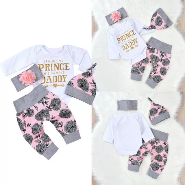 4Pcs Cute Newborn Baby Girls Cotton Tops Romper Floral Pants Outfits Set Clothes