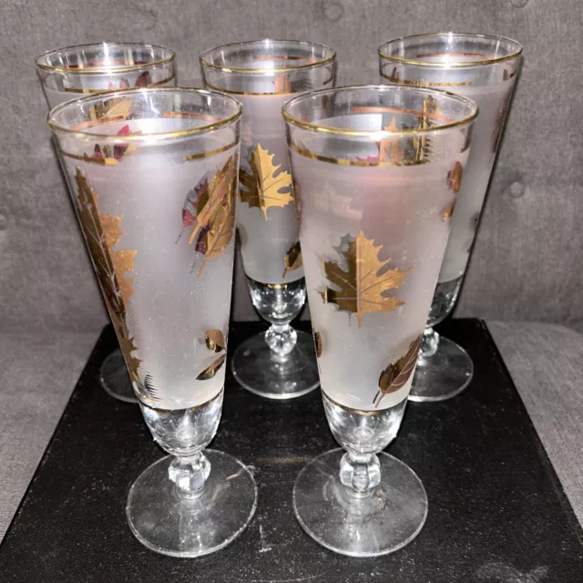 Vintage Set of 5 Libbey “Golden Foliage" MCM Gold Leaves Pilsner 8.5” Glasses