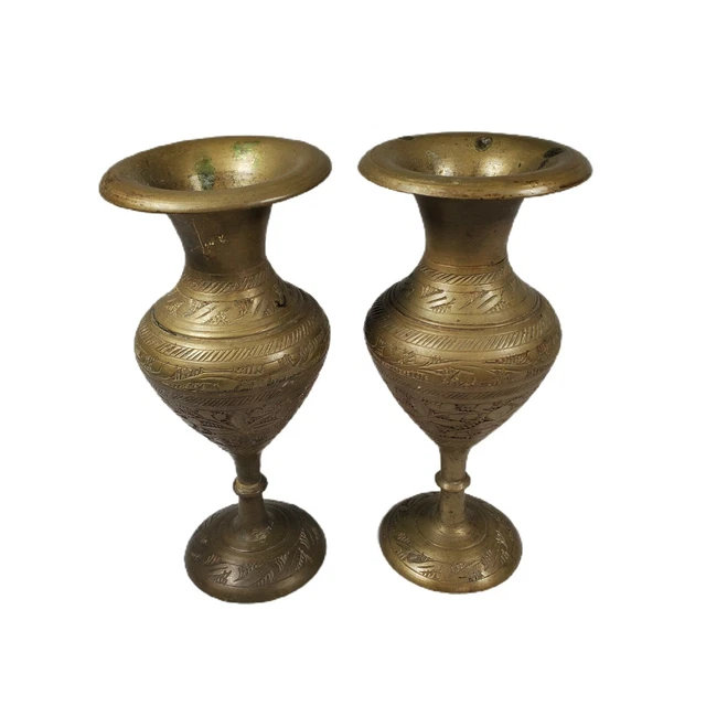 Vintage Pair Carved Mid Century Modern Heavy Solid Brass Bud Vase India 5.75"