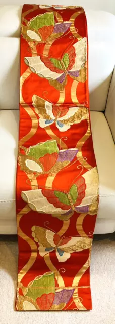 Farfalle"" Fukuro-Obi vintage vermiglio giapponese/oro/multi seta per kimono